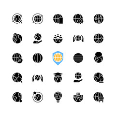 Poster - Globe black glyph icons set on white space. World map. Save Earth. Planet friendly. Worldwide process. Geopolitics management. Silhouette symbols. Solid pictogram pack. Vector isolated illustration