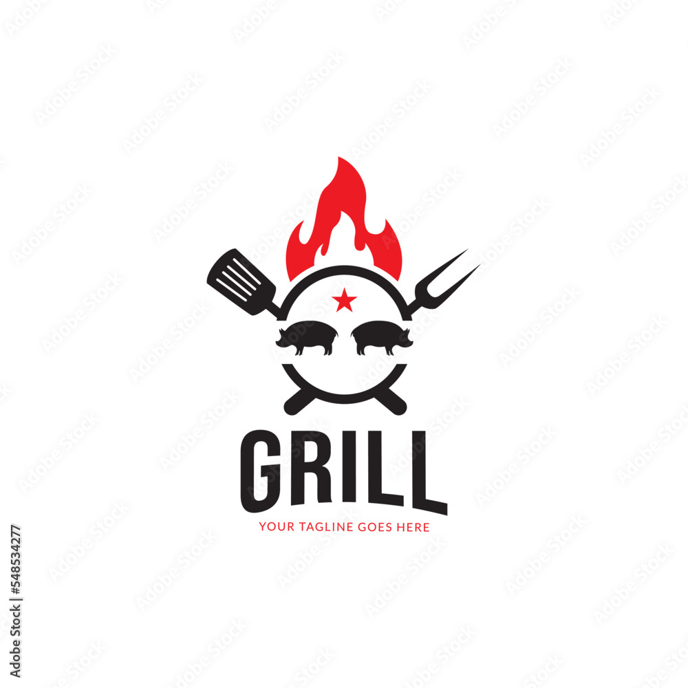 Grill Barbeque invitation party barbecue bbq with pig pork on fire flame Logo design vintage hispter