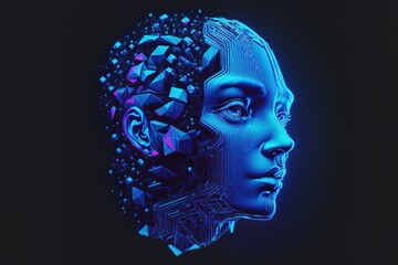 Canvas Print - Artificial intelligence or AI in image humanoid head with anthropomorphic face analyzing flow big data Futuristic modern 3d illustration