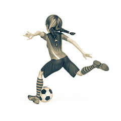 Wall Mural - soccer girl is happy and also playing football in white background rear view