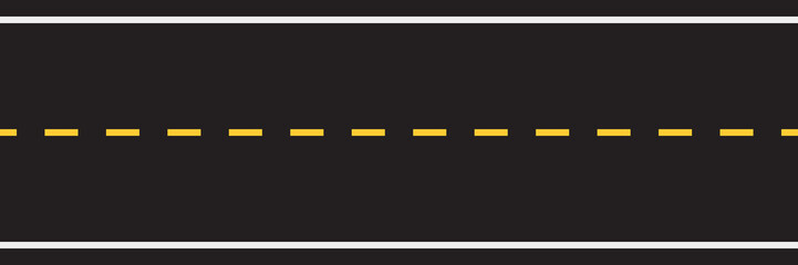 Seamless empty straight road pattern with single yellow dashed line and white solid lines road marking. Asphalt road top aerial view in flat style design. Vector illustration.
