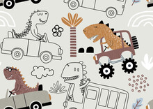 Seamless Pattern With Cute Dinosaur Driving Cars.