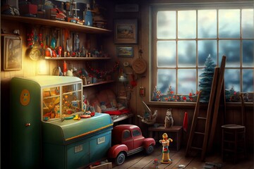 Wall Mural - Midjourney abstract render of a Christmas workshop