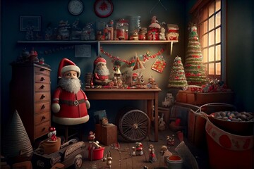 Wall Mural - midjourney abstract render of a christmas workshop