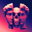 Abstract anatomic concept illustration from 3D rendering of a frontal marble classical head bust sliced open in two showing a skull inside in vaporwave pink and blue colors and isolated on background.