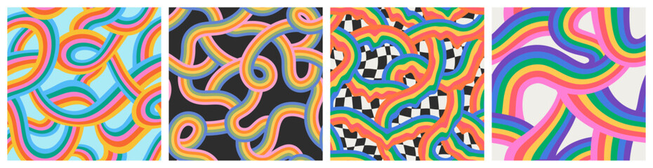 Retro 60s style rainbow seamless pattern set with pastel color stripes. Vintage psychedelic wave cartoon background collection. Trendy hippie 70s stripe print illustration.