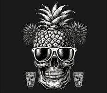Cocktail In The Form Of A Skull With Glasses And Pineapple Isolated Vector Illustration