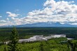 Scenic shot of vegetation around a wide river with the Wrangell Mountains across in Alaska, USA