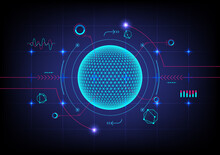 Glowing Hi-tech Circles Have A Mesh On Their Surface. There Are Many Lines And Elements. There Are Glowing Dots, There Is A Grid Below, On A Blue Gradient Background.