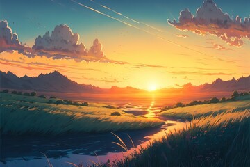 Meadow landscape, sunset, dusk. Anime style watercolor as background.