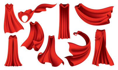 Superhero red cape in different positions, front and side view. Scarlet fabric silk cloak. Mantle costume or cover cartoon vector set