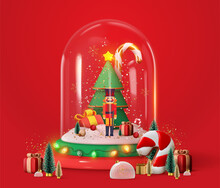 A Snow Globe With A Christmas Tree Inside And Nutcracker Man Standing With Christmas Decorations And Gifts Visual Artwork For Christmas 