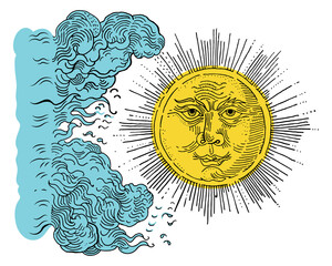 Vintage sun with a face and clouds. Hand drawn engraving medieval illustration. Tattoo design. Esoteric, occult, witchcraft, alchemy, boho, astrology, fairytale, folklore, mythology, woodcut, etching.