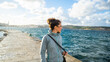young girl walk ships buildings beautiful mediterranean sea malta island sand stones sun cacti