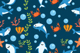 Fototapeta Dinusie - sharks pattern. cartoon shark, seaweed print. Sea wildlife, underwater world vector seamless texture	
