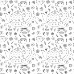 Vector tea cups and teapot seamless pattern. Hand drawn doodle tea ceremony pattern