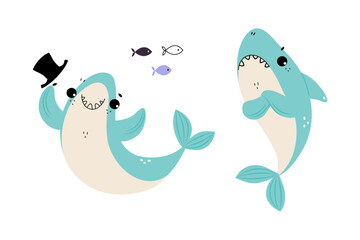 Poster - Comic Blue Shark with Fins as Marine Animal Smiling and Feeling Grumpy Vector Set