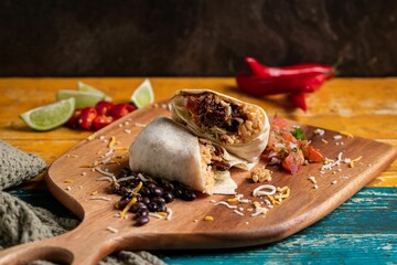 Wall Mural - Selective shot of burrito slices, a tortilla wrapped around rice, meat,beans on wooden cutting board