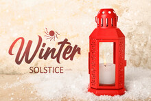 Christmas Lantern With Burning Candle And Snow On Grunge Background. Winter Solstice Celebration