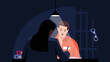 Vector illustration of prisoners. Cartoon scene with a prisoner who gives information to a police girl in an interrogation cell.