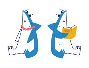 Sticker - Cute Blue Shark as Sea Animal with Dorsal Fin with Necklace and Reading Book Vector Set