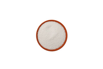 Sodium benzoate, sodium salt of benzoic acid. White crystalline powder, chemical formula C6H5COONa. Food additive E211. Food Preservative in ceramic dish isolated on white background, top view