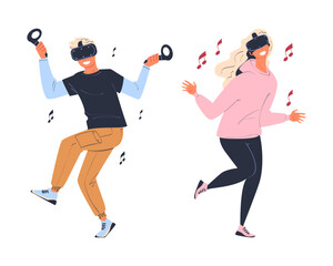 Sticker - Man and Woman Wearing Virtual Reality Headset Immersed in Abstract VR World Vector Set