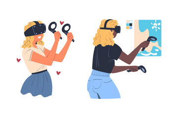 Sticker - Woman Wearing Virtual Reality Headset Immersed in Abstract VR World Vector Set