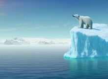 A Polar Bear Is Sitting On An Iceberg In The Arctic Ocean. The Icebergs Are Floating Due To Climate Change And Melting Glaciers. 3D Rendering.