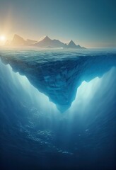 An arctic iceberg floats in clear blue water, hiding covert danger underwater. Climate change and global warming concepts. Melting glaciers and hidden threats and meanings are concealed underwater.