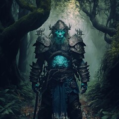 Wall Mural - Dwarven warlock warrior in ancient forest of elves. Fantasy 3d character concept.