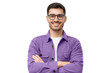 Young handsome smiling man in purple shirt and glasses, feeling confident