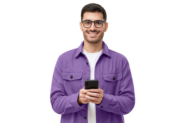 Wall Mural - Young modern man in casual purple shirt and glasses, holding smart phone in hands, looking at camera with smile