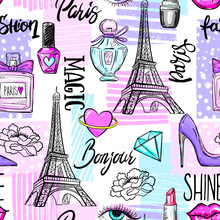 Abstract Seamless Modern Pattern With Eiffel Tower And Hearts.  Abstract Fashion Print Design In Hand Drawing Style.