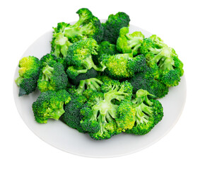 Wall Mural - Raw cut broccoli. Top view. Isolated over white background