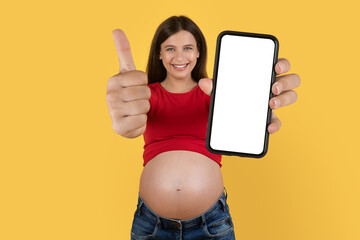 Mobile Offer. Cheerful Pregnant Woman Holding Blank Smartphone And Showing Thumb Up