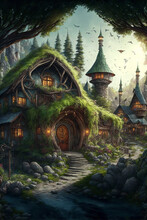 Fantasy Forest Village Illustration, Magical Storybook Town