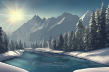 Winter In The Mountains. Fabulous Winter River Landscape In The Mountains. Fantasy World - Sky, Mountains, Forest. Vector Illustration.