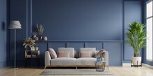 Modern Minimalist Interior Design With Gray Sofa On Empty Blue Wall Background.3d Rendering