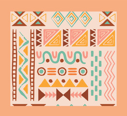 Ethnic seamless pattern. Repeating design element for printing on fabric. Multicolored minimalistic geometric shapes and lines. Bright and colorful carpet icon. Cartoon flat vector illustration