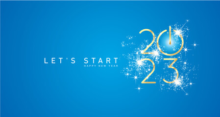 Wall Mural - Start of Happy New Year 2023 golden white shining stars rounded typography light blue background banner with turn on button icon