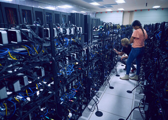 Technicians working in server room