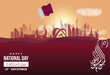 Qatar national day banner poster landing page celebration with landmark and flag in Arabic translation: qatar national day 18 th december.