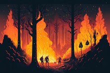 Fireman Fight With Fire In Forest, Man Extinguish Burning Wildfire At Night Wood With Raging Flames. Wild Nature Catastrophe, Disaster, Blazing Trees Landscape. Ecological Hazard Cartoon 2D