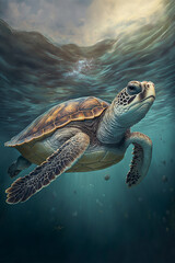 Sea Turtle Swimming in the Ocean, Digital Illustration, Concept Art