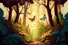 Cartoon Illustration Of Background Forest Glade. Bright Wood With Butterflies. For Design Game, Websites And Mobile Phones, Printing.
