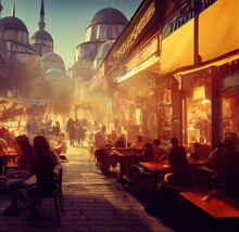 Fantasy Concept Showing A Turkey, Istanbul, Street Cafe. Digital Art Style, Illustration Painting