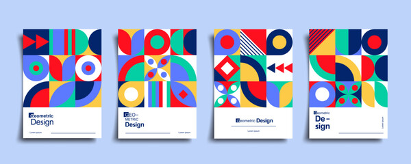 Wall Mural - Abstract bauhaus geometric pattern poster set. Vector circle, triangle and square lines art design. Vintage color bauhaus Swiss cover design