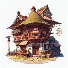 Wall Mural - Colour line art of a Tavern House Building Flat Comics Manga Medieval Asia Europe Style. Concept Art Scenery. Book Illustration. Video Game Scene. Serious Digital Painting. CG Artwork Background.
