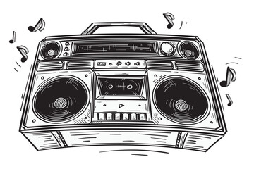 Canvas Print - Drawn boom box tape recorder with musical notes